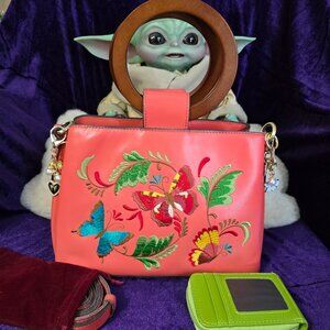 Patricia Nash Empoli Stohl Watercolor Butterfly Embroidery Satchel in Coral